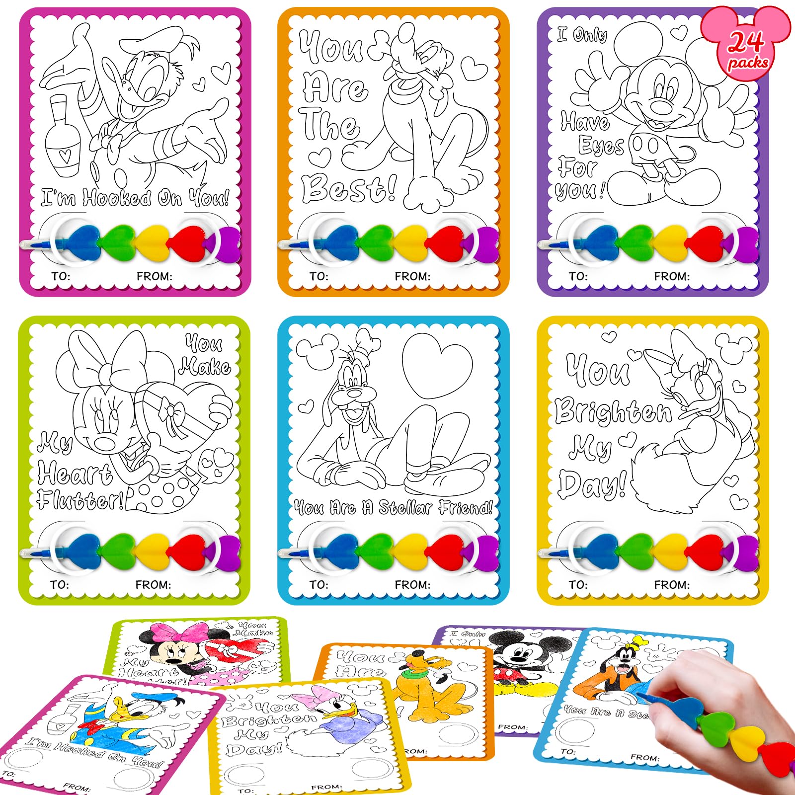 Ratiyae Valentines Day Gifts Cards for Kids Classroom, 24 Heart Style Crayons with 24 Valentines Day Coloring Exchange Cards for