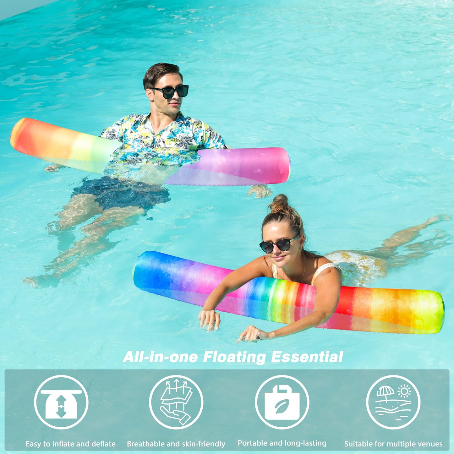 FindUWill Inflatable Swim Pool Noodles  2 Pack Soft Fabric Covered Large Swim Noodles for Floating  Pool Floats mature-themed for Pool  Lake  Beach (Rainbow & Colorful)