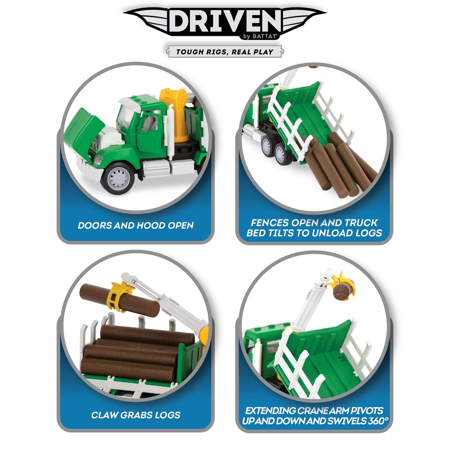 Driven by Battat - 4 Toy Truck Set - 7.5'' Garbage Truck, 9'' Fire Truck, 7.5'' Tow Truck, 7'' Log Truck - Lights & Sounds - Gif