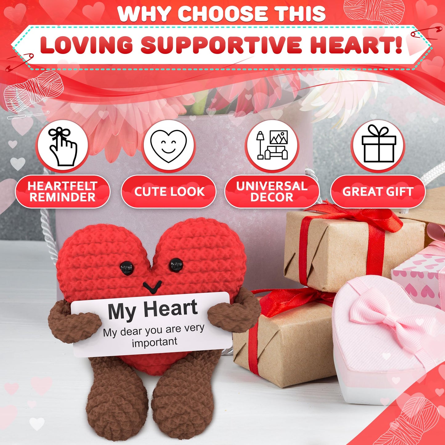 Reluen Knitted Emotional Support Heart - Soft Crochet Plush With Motivational Card, Compact Keepsake For Women, Girlfriend, Wife
