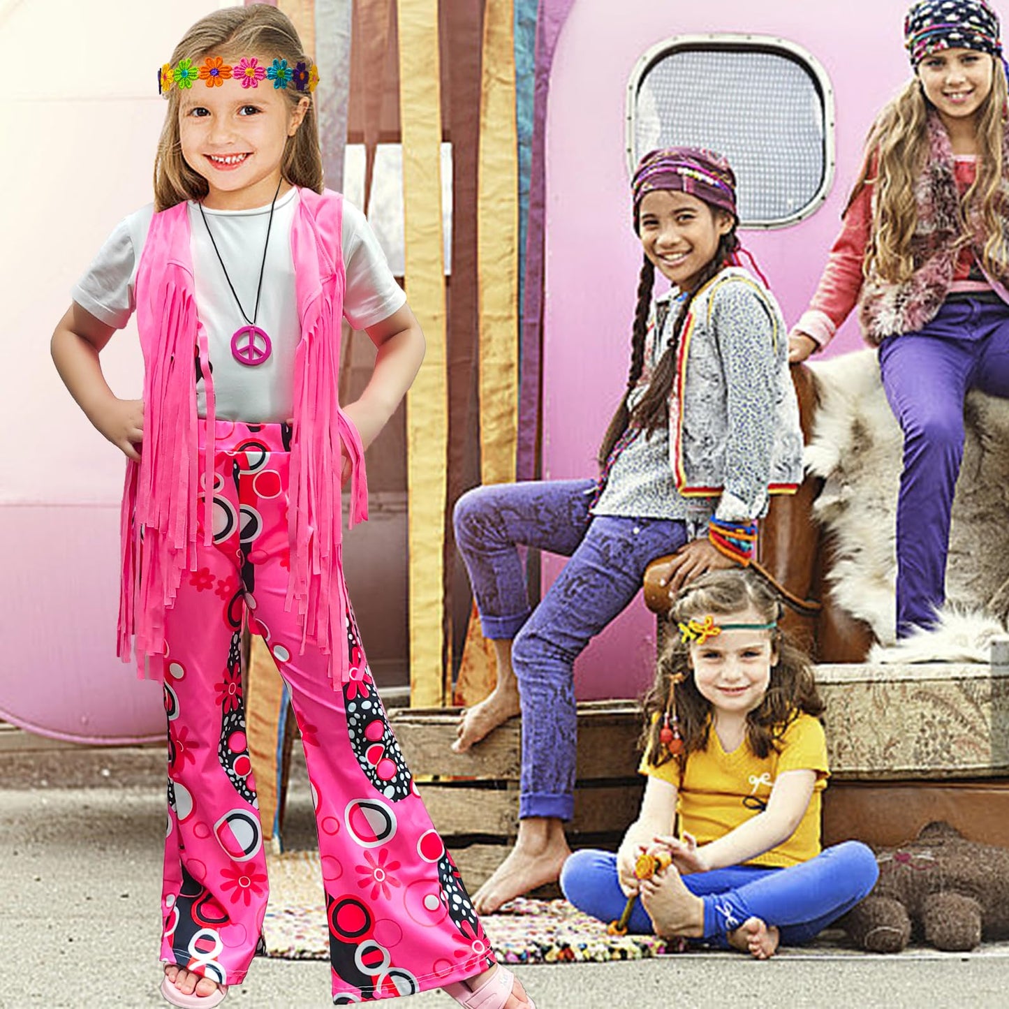 Xonyicos 8 Pcs Girls Kids 60S 70S Hippie Costume Disco Outfits Fringe Vest Boho Bell Bottoms Hippie Outfits Accessories Set (Pin