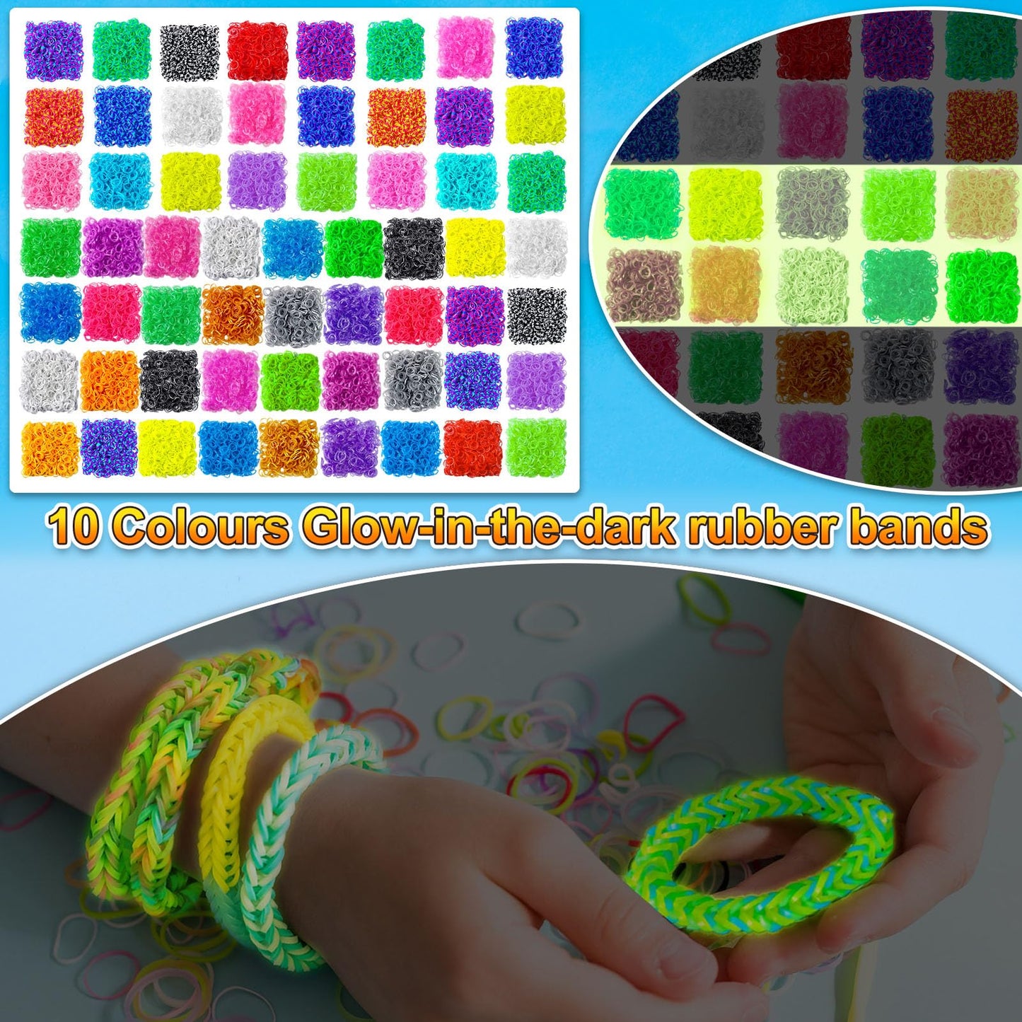 ROSHUKG 60 Colours Rubber Band Refill Kit, 12300 Rubber Bands Kit for Kids Weaving DIY Crafting Gift with S-Clips, Glow in The D