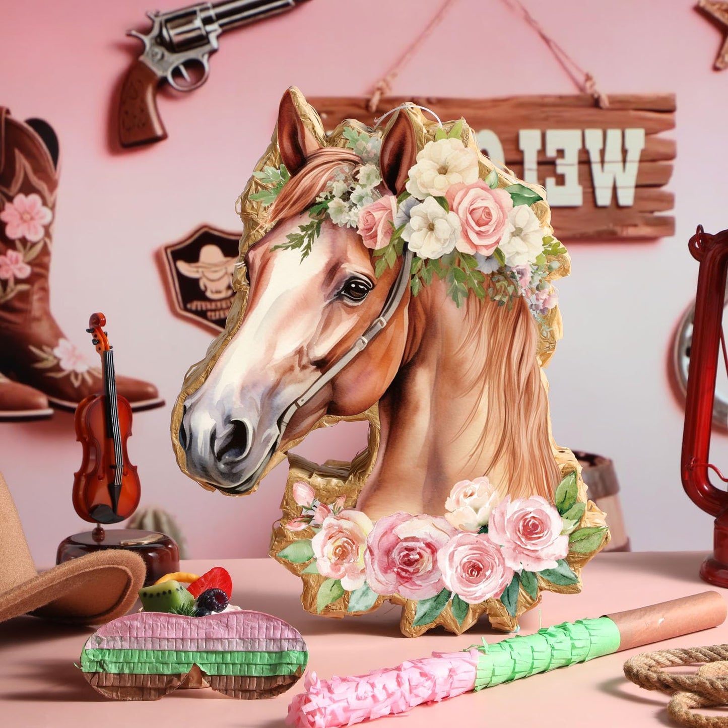Pajean Horse Piata Decoration Cowgirl Western Piata with Stick Blindfold Photo Prop Gift Holder for Girls Kids Bridal Shower Bir