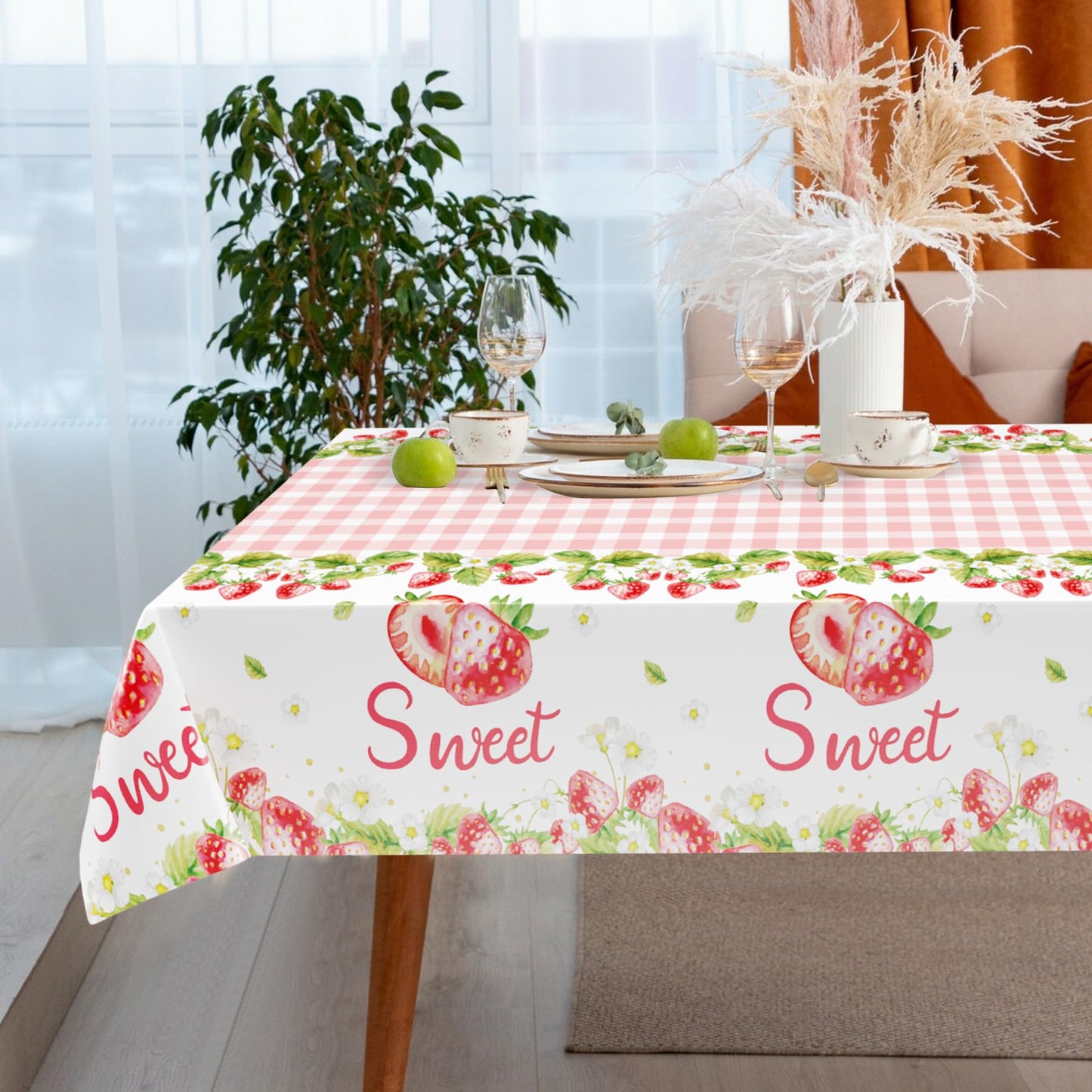 Lianxuia 3Pcs Strawberry Tablecloth, 54 X 108 Inch Pink Checkered Plastic Tablecloth, Berry Sweet One Table Covers For Baby Show