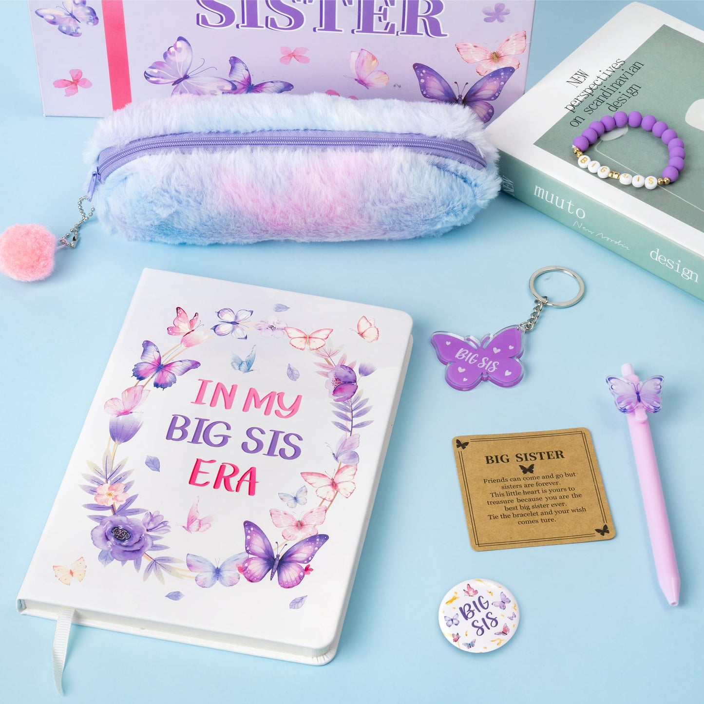 Cy2Side Big Sister Gifts For Girls, 7Pcs In My Big Sis Era Announcement Set Include Butterfly Notebook Pen Plush Pouch Keychain