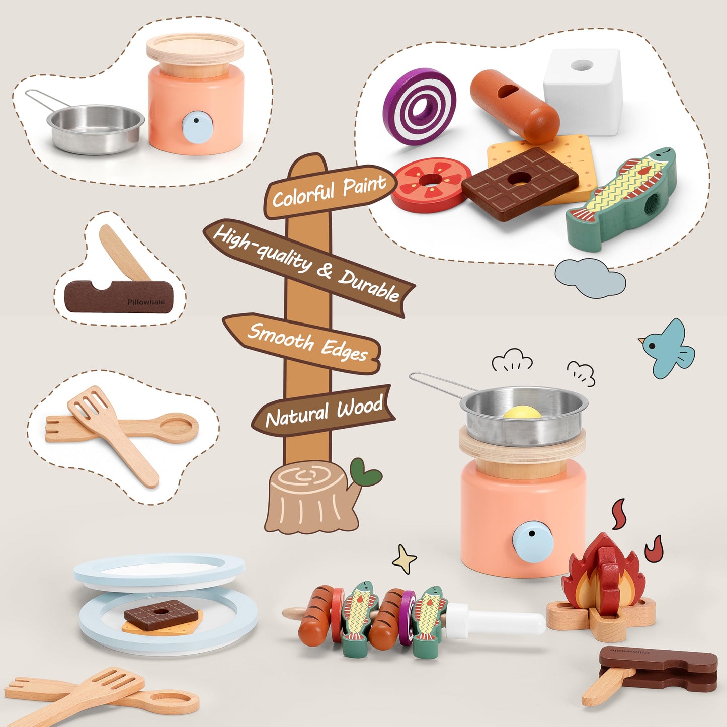 Pillowhale Wooden Campfire Playset - 25-Piece Kids SMores & Grill Pretend Camping Kitchen Toy, Glow-Look Fire, Skewers, Pan & Fo