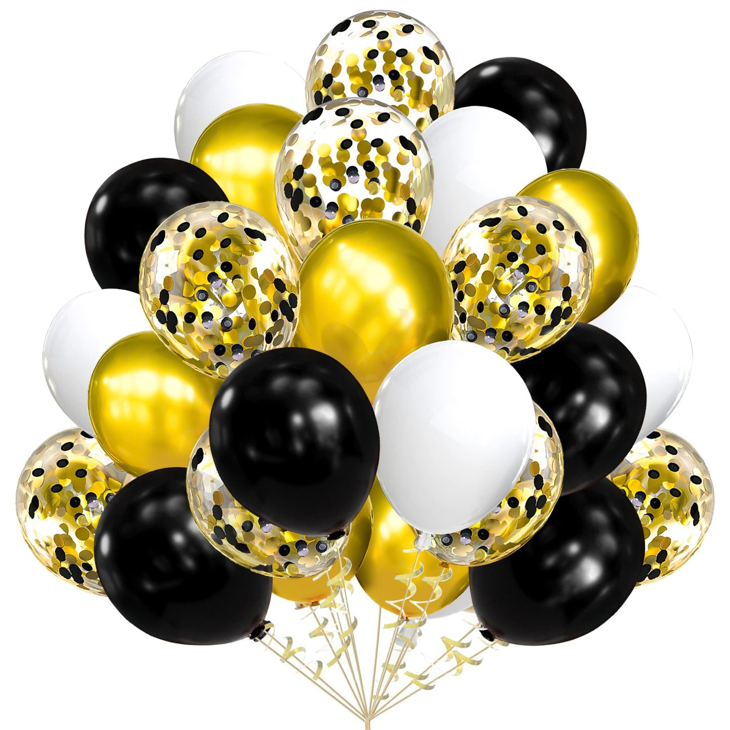 Aule Metallic Gold And Premium Latex Black White Balloons 60 Pack 12Inches And Black Gold Confetti Balloons With Gold Ribbons Se