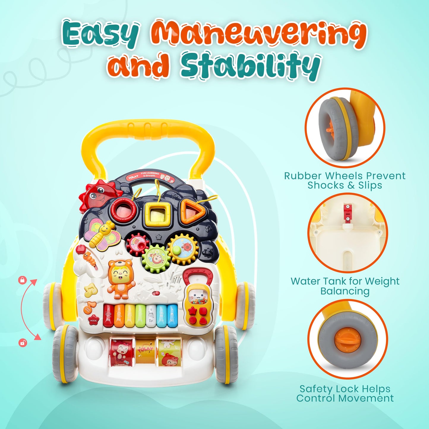 Yolay Baby Walker Push With Wheels, Sit-To-Stand Foldable Walker For Baby Boy And Girl 6-12 Months With Detachable Play Panel, S