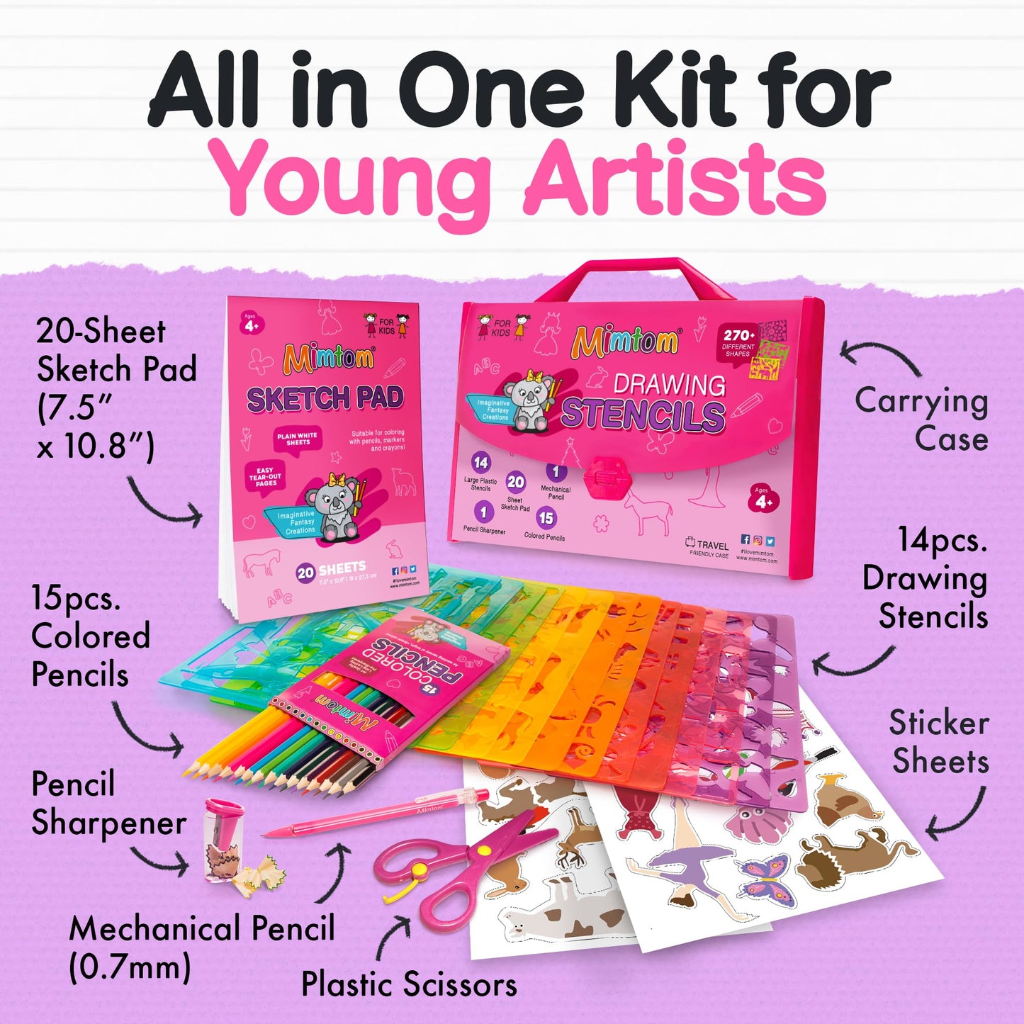 Mimtom Drawing Stencil Kit for Kids, 51 PC Art Set with 270+ Shapes, Sketch Pad, and Colored Pencils for Childs DIY Arts and Cr