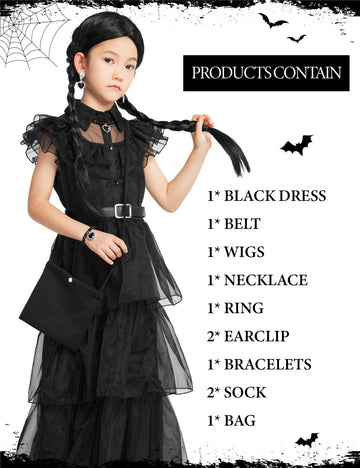 Ikali Girls Role Play Dress-Up Set With Accessories, Black Party Dress Cosplay Outfit For Kids Toddlers 4-6 Years