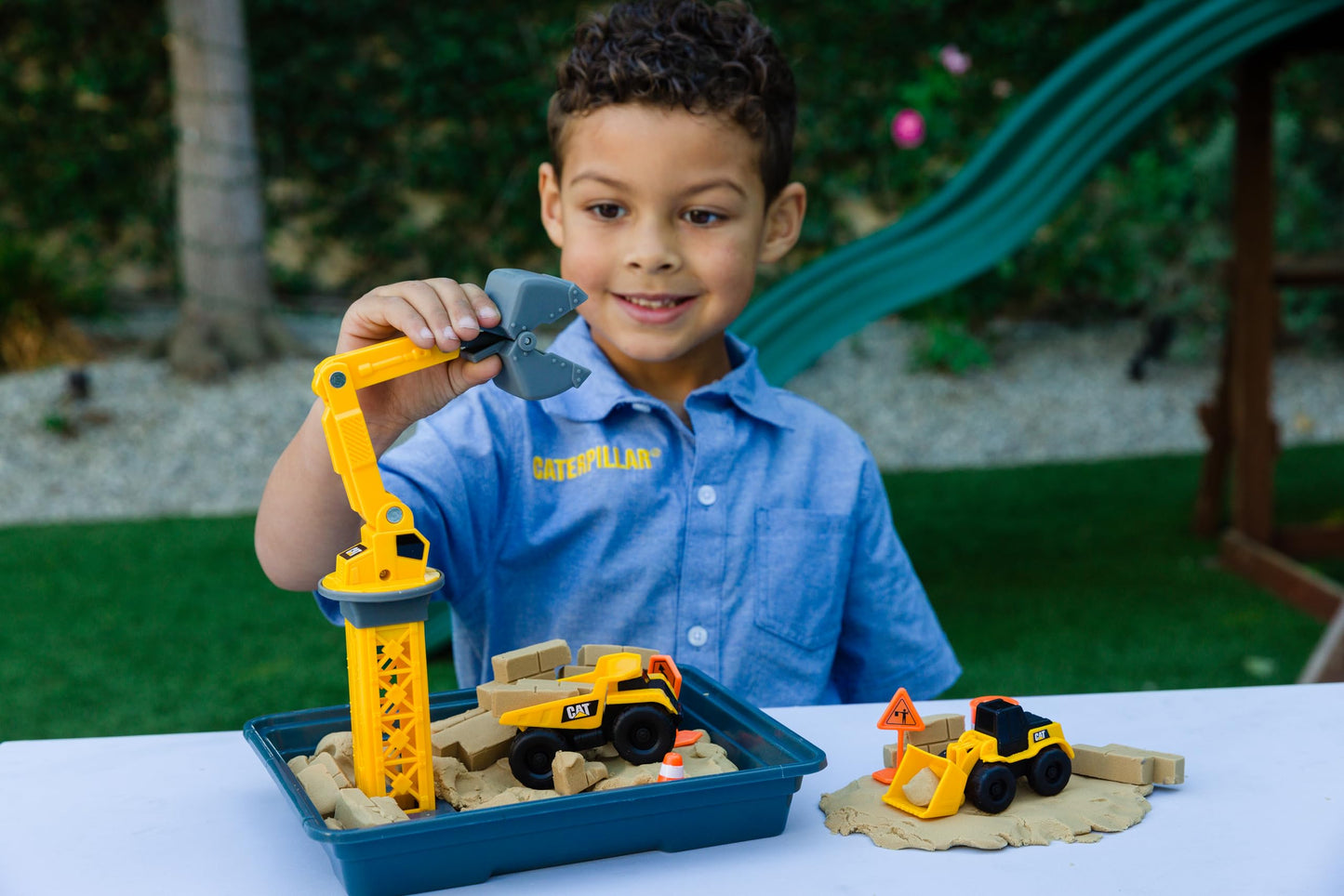 Cat Construction Toys, Dig N' Build Dirt Playset With 12 Oz Of Dirt Compound, 2 Little Machine Vehicles, Crane, Molds, And Storage Tray, Indoor/Outdoor Play For Kids Ages 3+