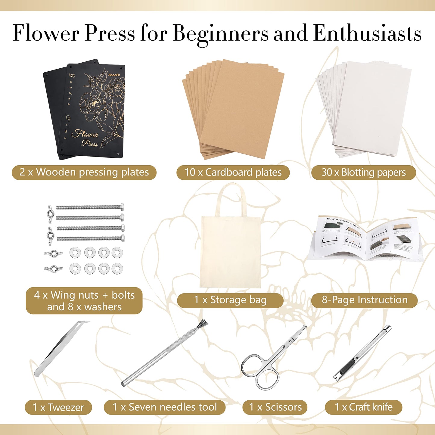 Aboofx Extra Large Flower Press, 13.4' X 8.7' 10 Layers Wooden Flower Pressing Kit With Storage Bag, Flower Pressing Kit For Adults, Pressed Flower Plant Preservation Kit Diy Art And Craft