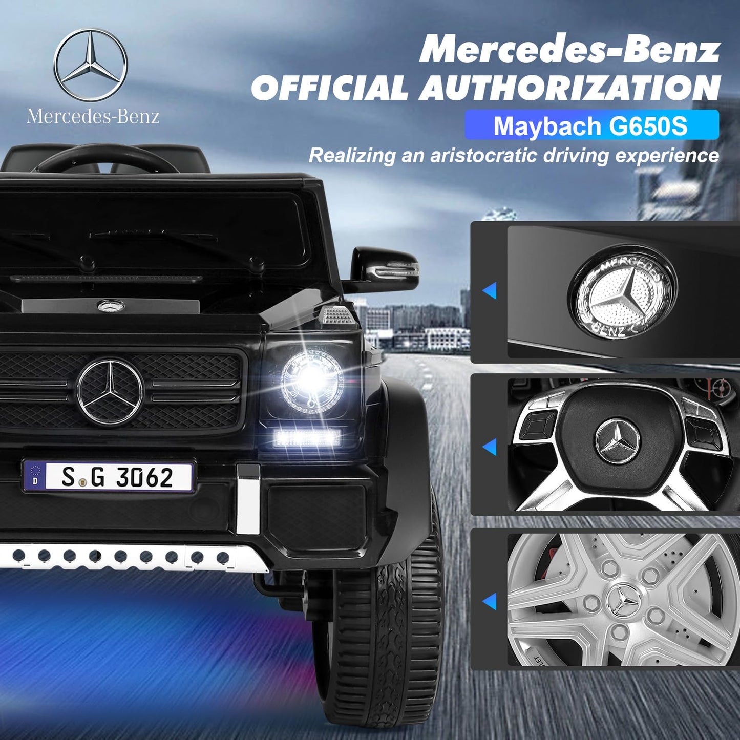 Joyldias Licensed Mercedes-Benz G650S Ride On Car For Kids, 12V7Ah Kids Ride On Truck With 2.4Ghz Remote Control, 3 Speeds, Blue