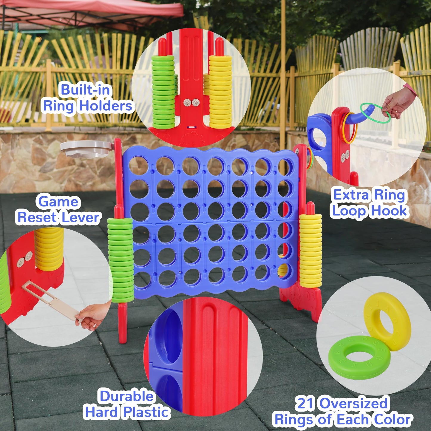 Elevon Giant 4-To-Score Game Set, 4-In-A-Row Jumbo W/Basketball Hoop, Ring Toss, 42 Jumbo Rings & Quick-Release Slide, 2.75Ft Ta