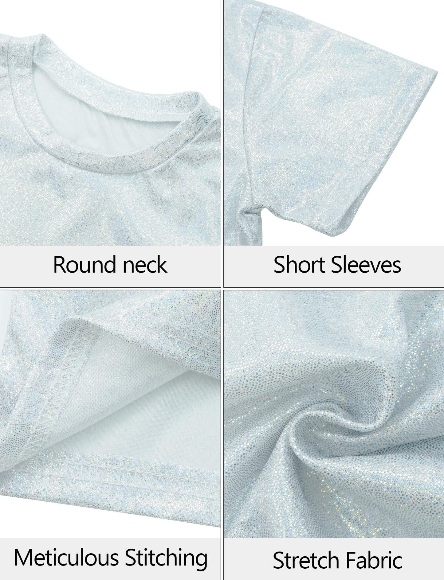 Happy Cherry 2Pcs Kids Girls Shiny Metallic Short Sleeve Crop Top With Pleated Skirt Set Dancewear Performance Costumes Silver 1