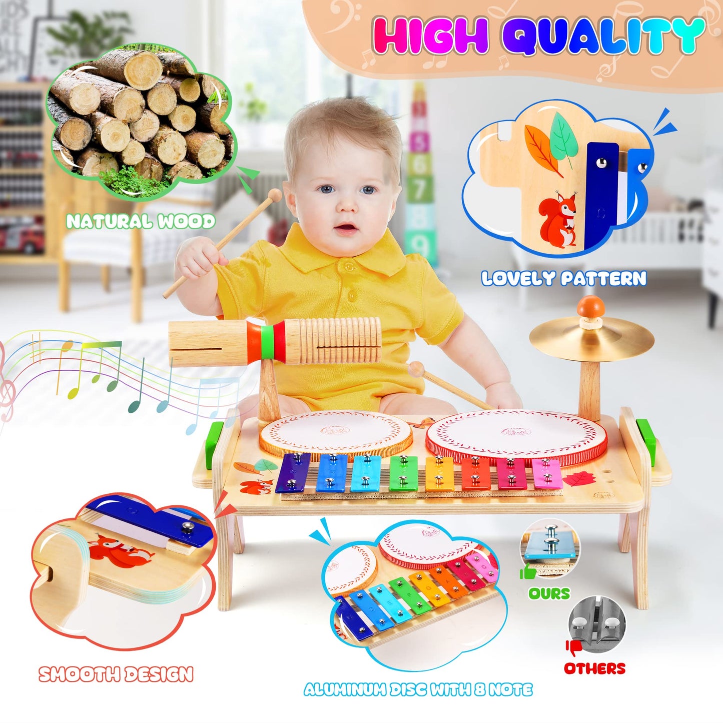 Wingyz Kids Drum Set - 7 in 1 Montessori Music Instruments, Natural Wood, Cat Drum-501, Perfect Birthday Gift for Boys and Girls
