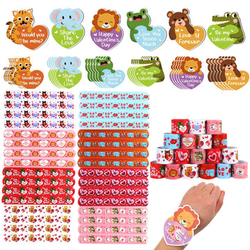 FOIMAS Valentine's Day Slap Bracelet Set,32pcs Animal Heart Snap Bracelet Wristband and 36pcs Gift Cards for Kids School Classro