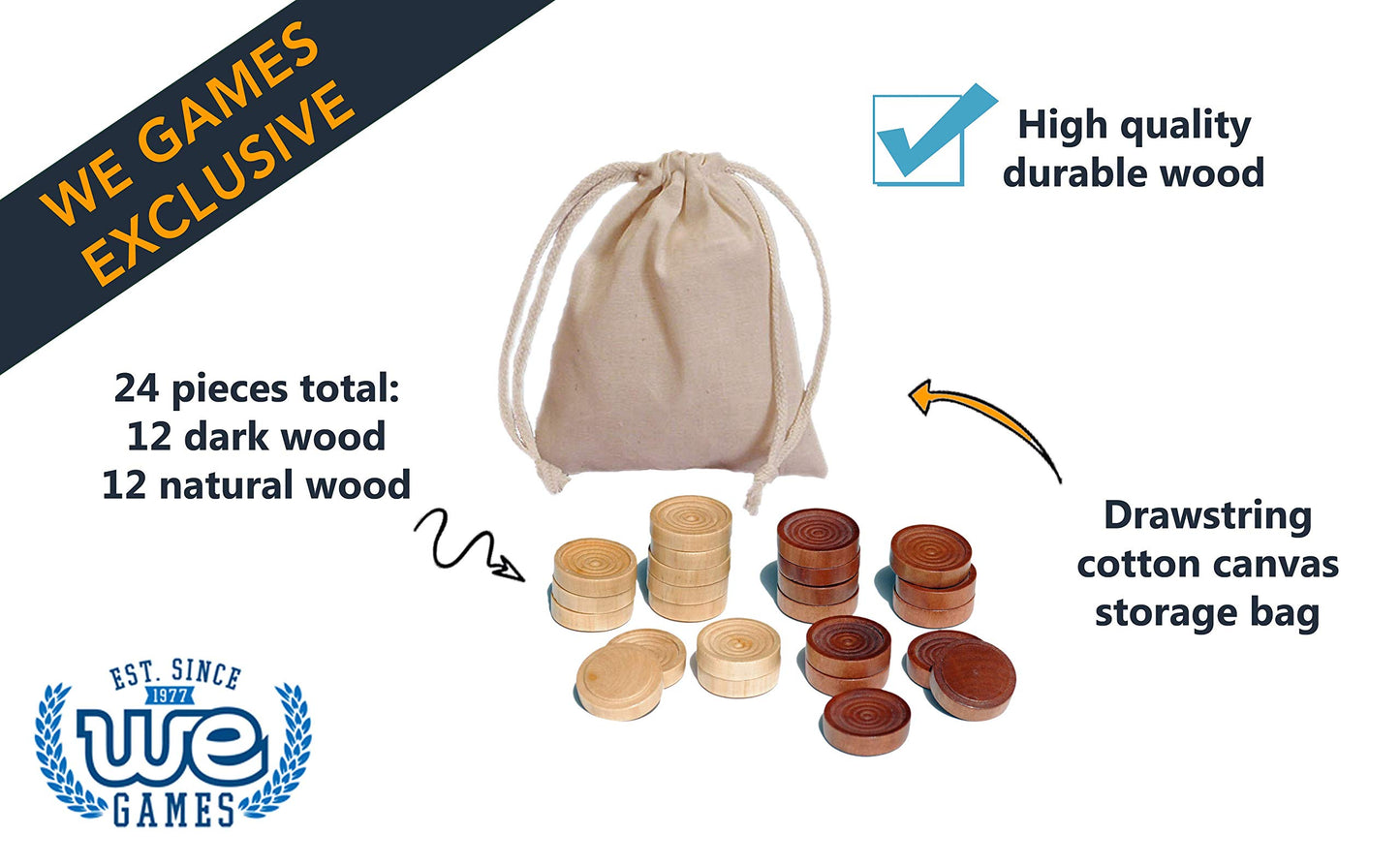 We Games Wooden Checkers Pieces Only (1.5 Inch), Checker Board Game & Backgammon Pieces, 24 Brown And Natural Stained Stackable Ridges With A Drawstring Storage Bag, Replacement Game Piece