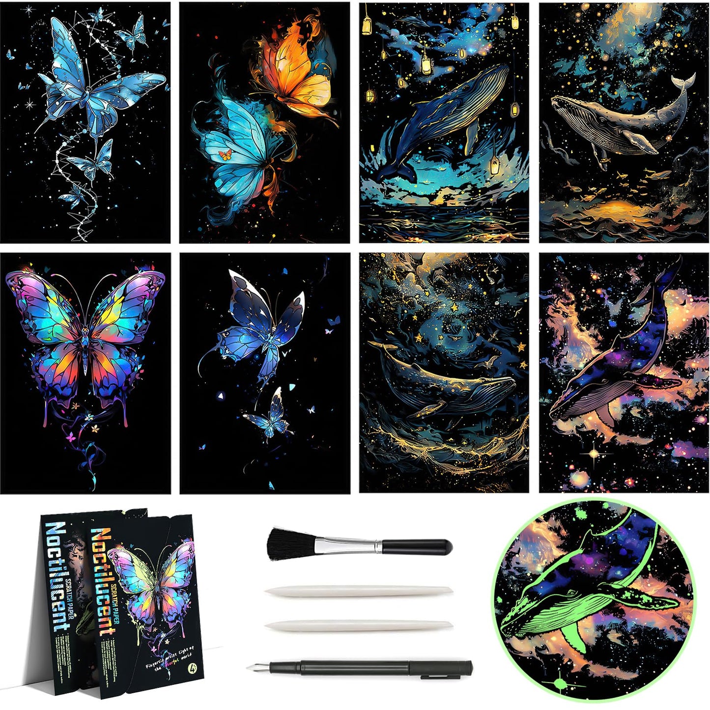 Glow in The Dark Scratch Art Rainbow Painting Paper 8 Sheet with Pen / Cleaning Brush, Engraving Landscape Scratchboard(A4) for 