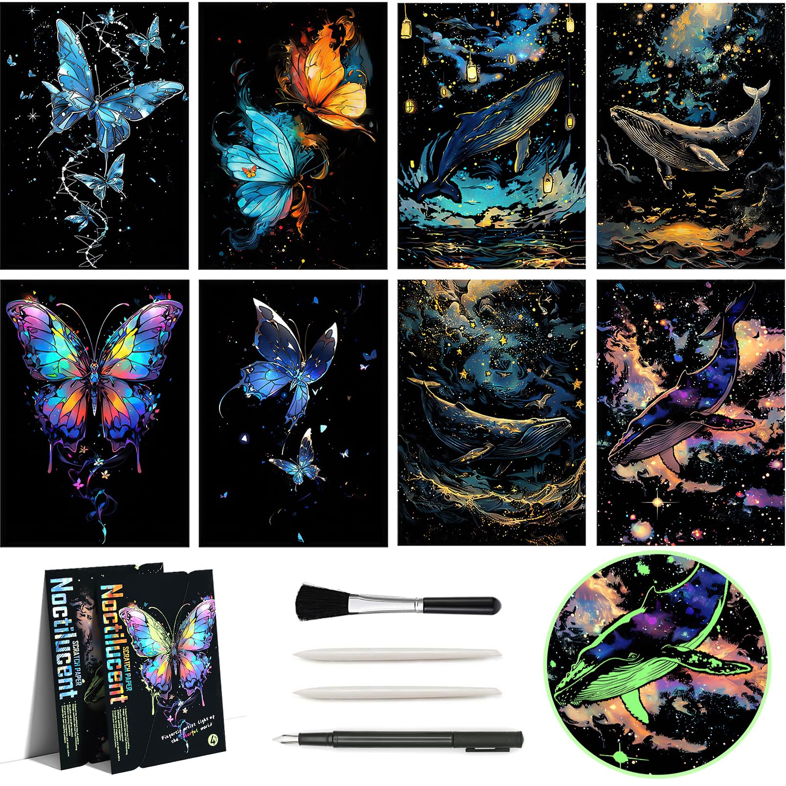 Glow in The Dark Scratch Art Rainbow Painting Paper 8 Sheet with Pen / Cleaning Brush, Engraving Landscape Scratchboard(A4) for 