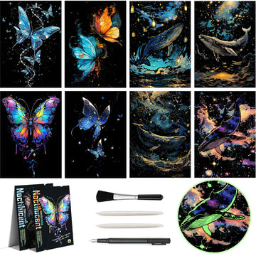 Glow in The Dark Scratch Art Rainbow Painting Paper 8 Sheet with Pen / Cleaning Brush, Engraving Landscape Scratchboard(A4) for 
