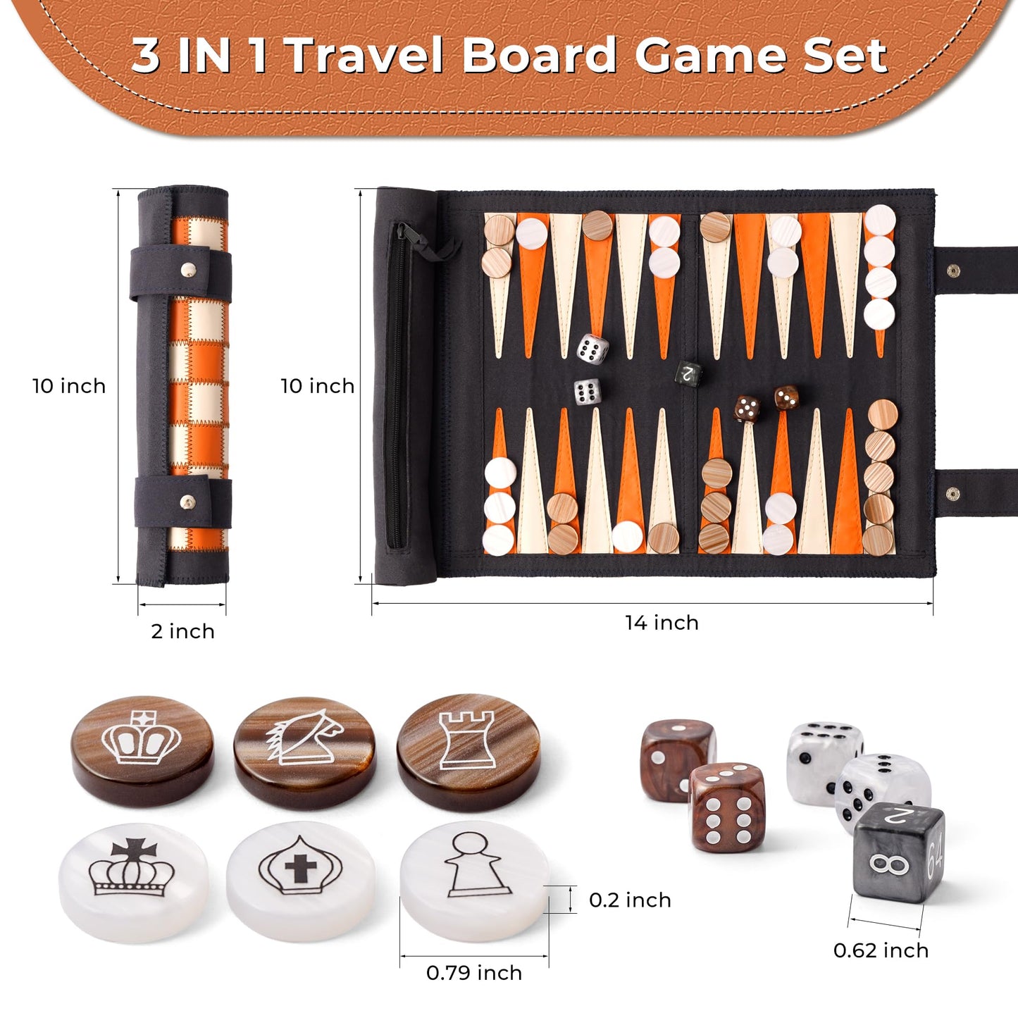 Woodronic 3 in 1 Travel Chess Checkers Backgn Set  Roll-up Leather Backgn Game Set with 32 Pearl Textured Pieces and 5 Dices  Portable Travel Strategy Board Game Set for mature-themed  Navy Blue