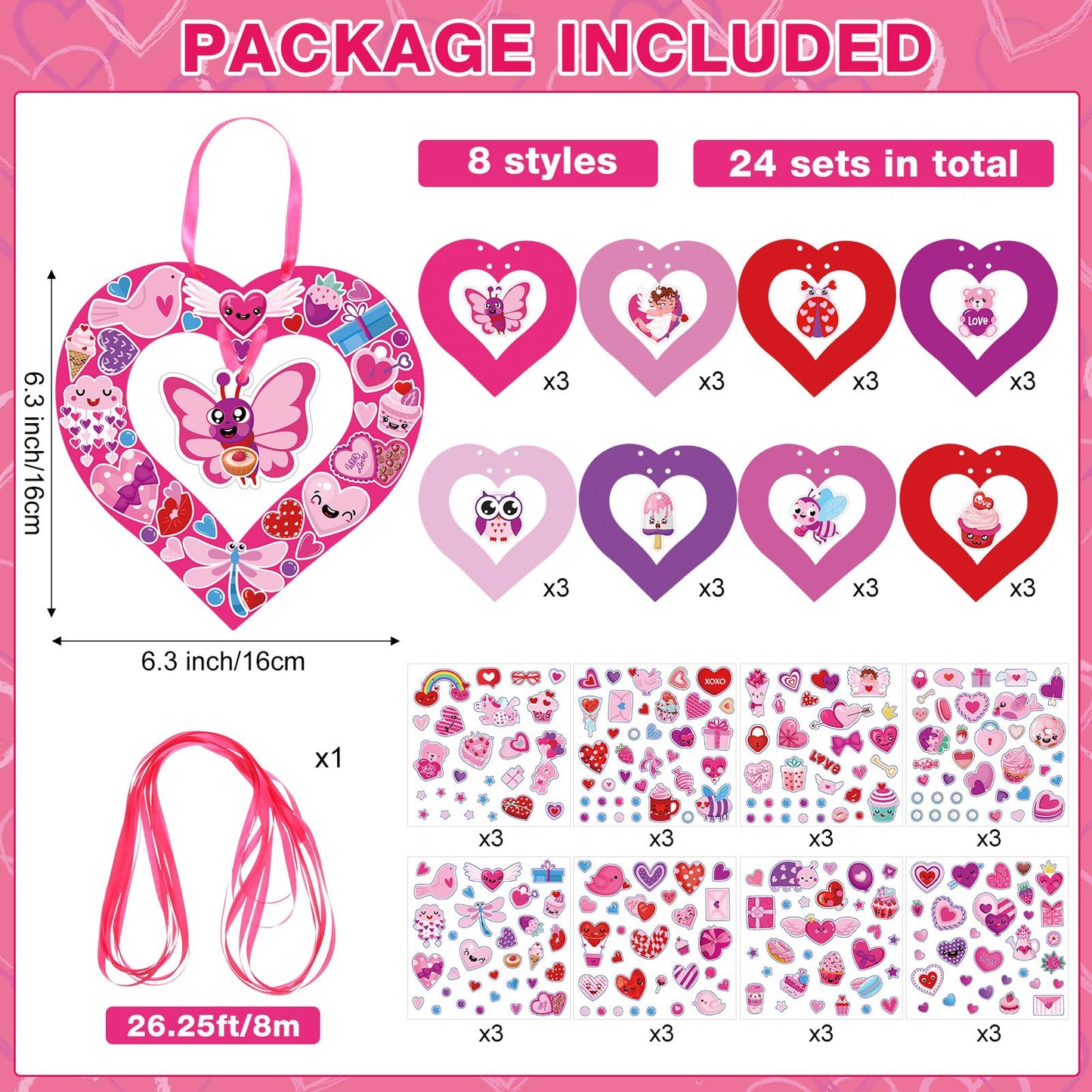 DoubleFill 24 Sets Valentines Day Crafts Kit Make Your Own Heart Wreath Ornaments Valentines DIY Card Cute Stickers Bulk Valent
