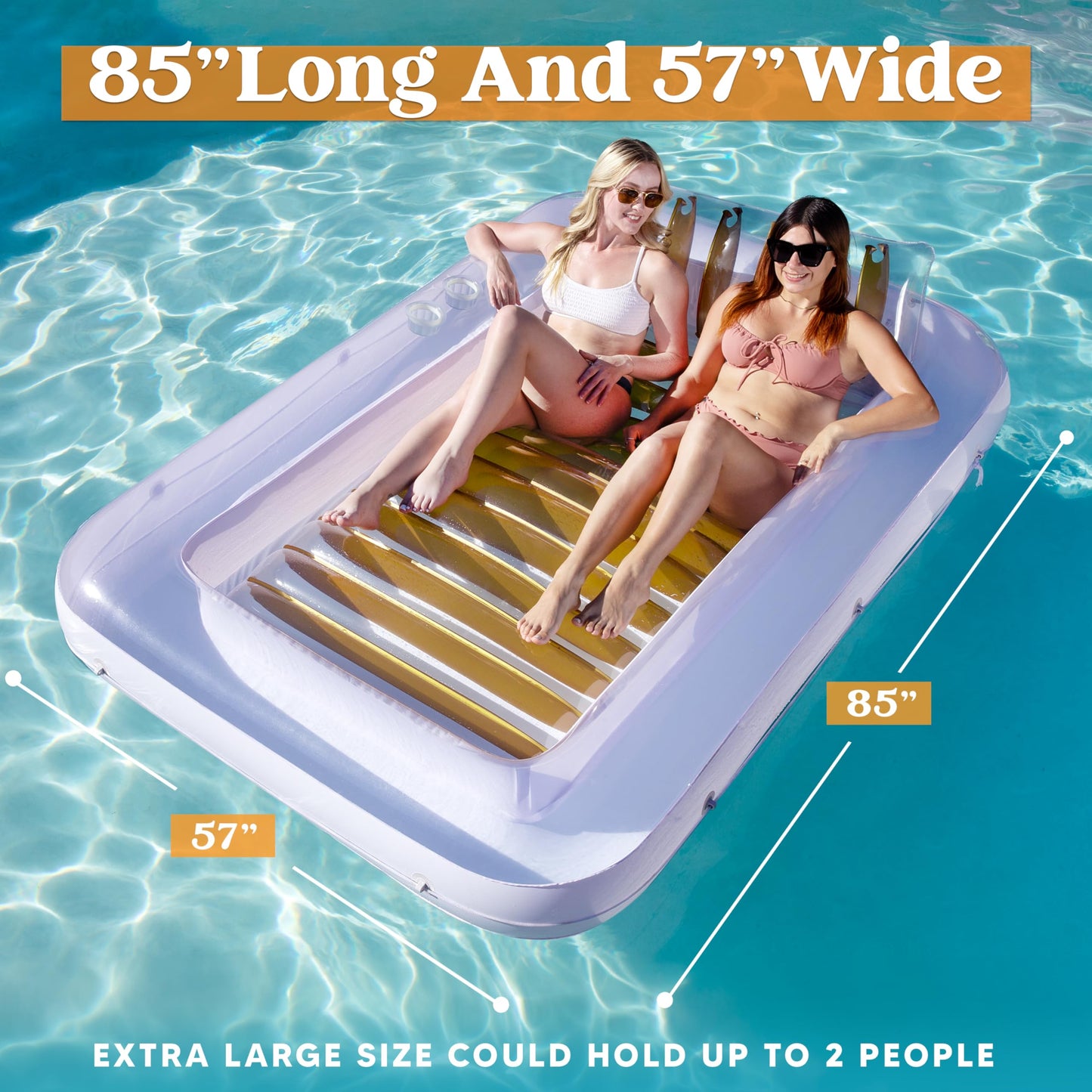 SLOOSH Inflatable Tanning Pool Lounger Float  85 x 57 Extra Large Pool Floats mature-themed with Pillow  4 in 1 Suntan Tub Raft Floatie Sunbathing Bed Lounge for Water Blow Up Ball Pit  XL-Golden White