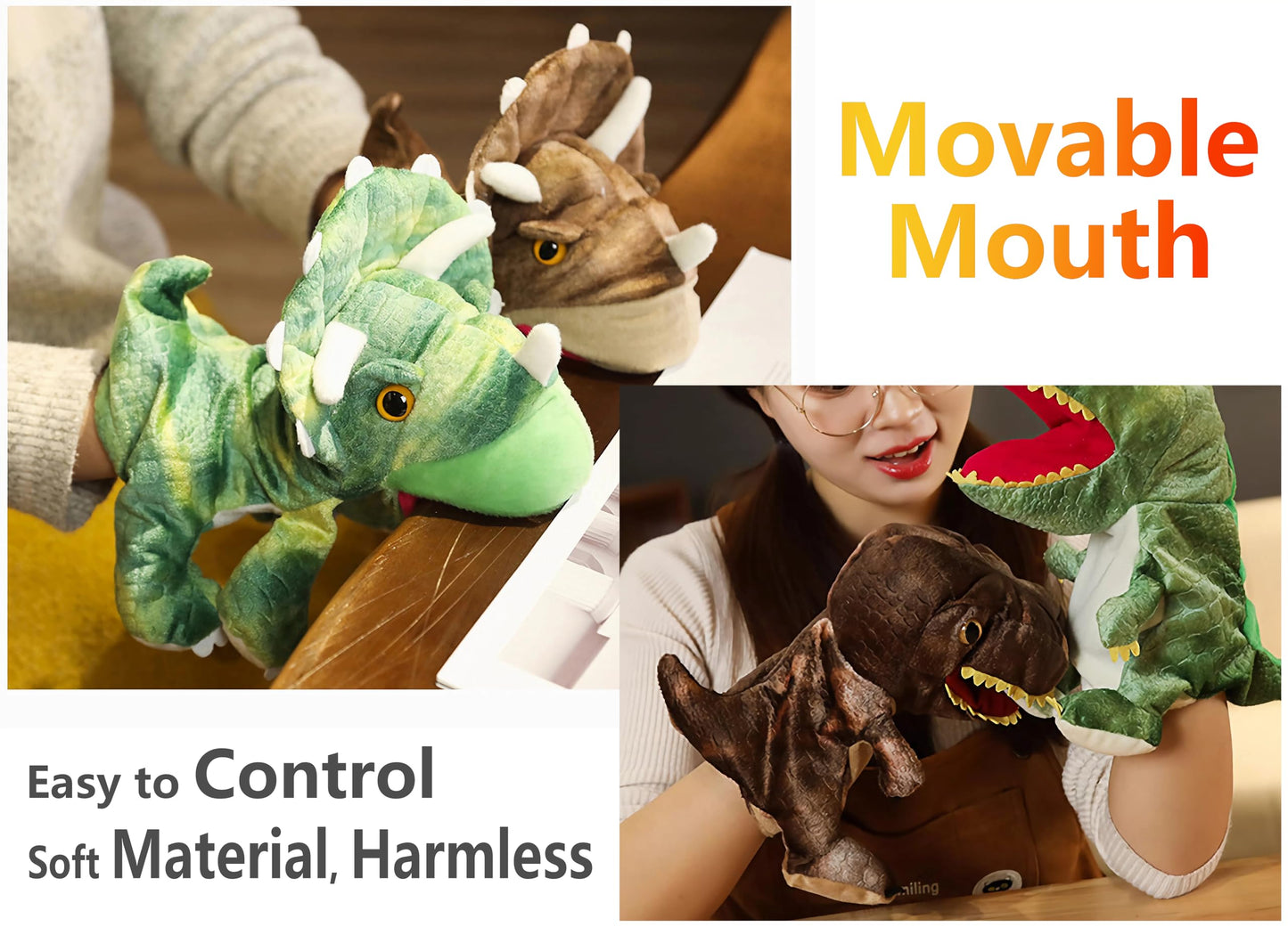 LOMTRATS Dinosaurs Hand Puppets for Kids,Toddler Includes Triceratops and Tyrannosaurus Rex with Movable Open Mouths, Perfect fo