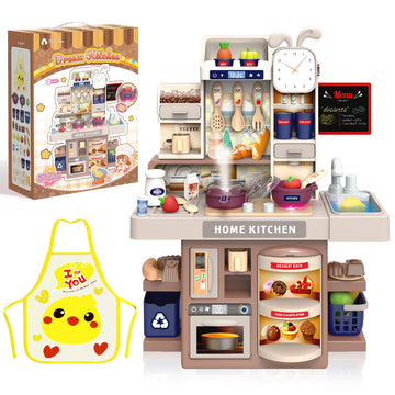 Mini Kids Kitchen Playset with Apron, Play Kitchen Toy with Realistic Steam and Lights, Play Sink and Toy Kitchen Accessories, P