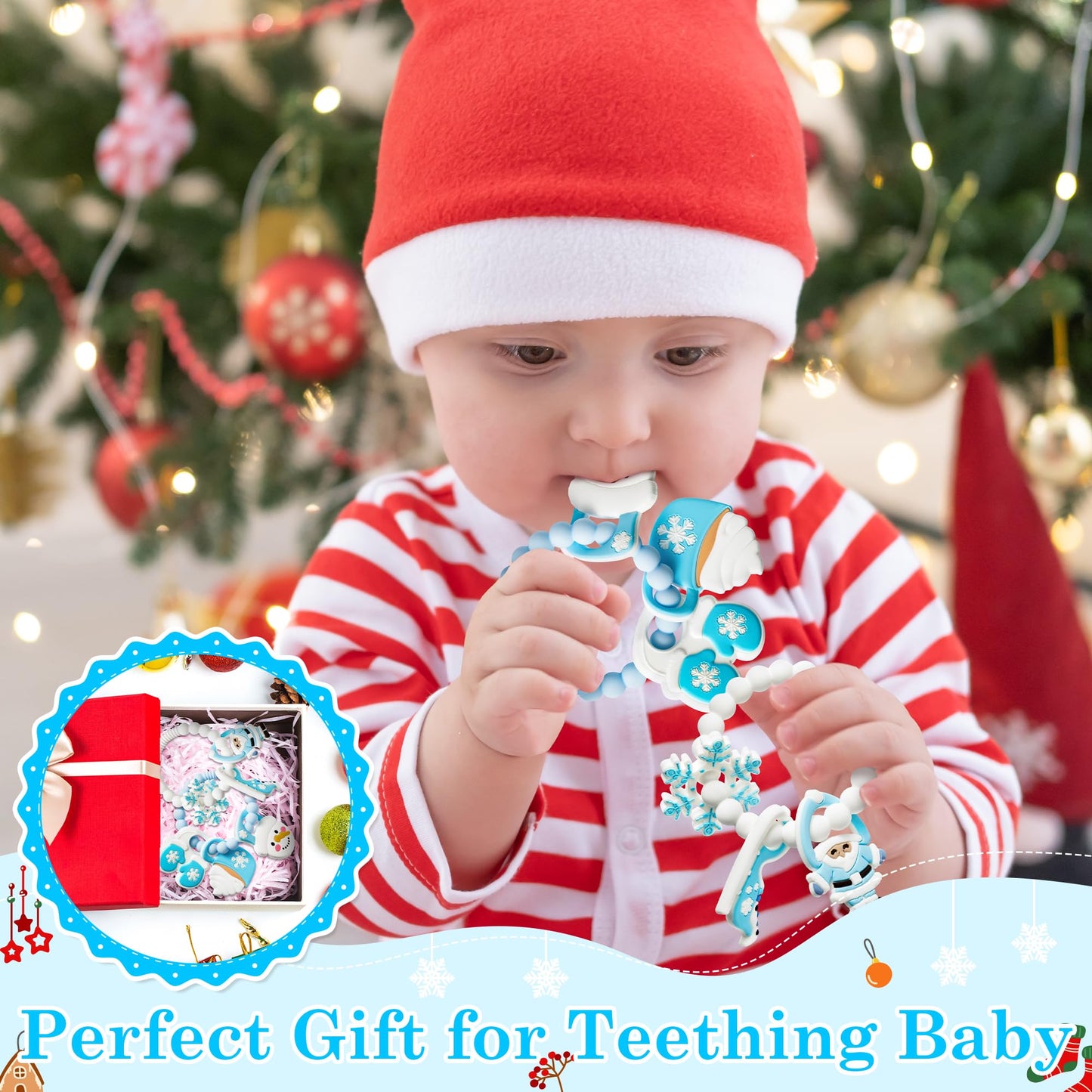 2Pcs Christmas Baby Silicone Teething Toys - Santa and Sleigh Ring, Soft Snowman Snowflake Teether for Toddlers - Chew Toy Gifts