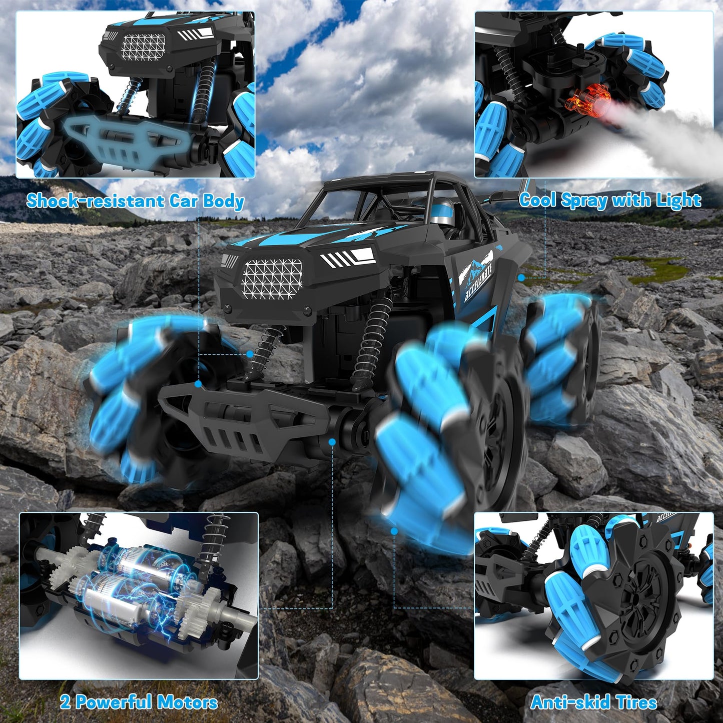 Eulogia Remote Control Car, 2.4Ghz Rc Stunt Car, Auto Demo, Spray With Light, 360 Rotation And Drifting, Toy Car For 5+ Years Ol