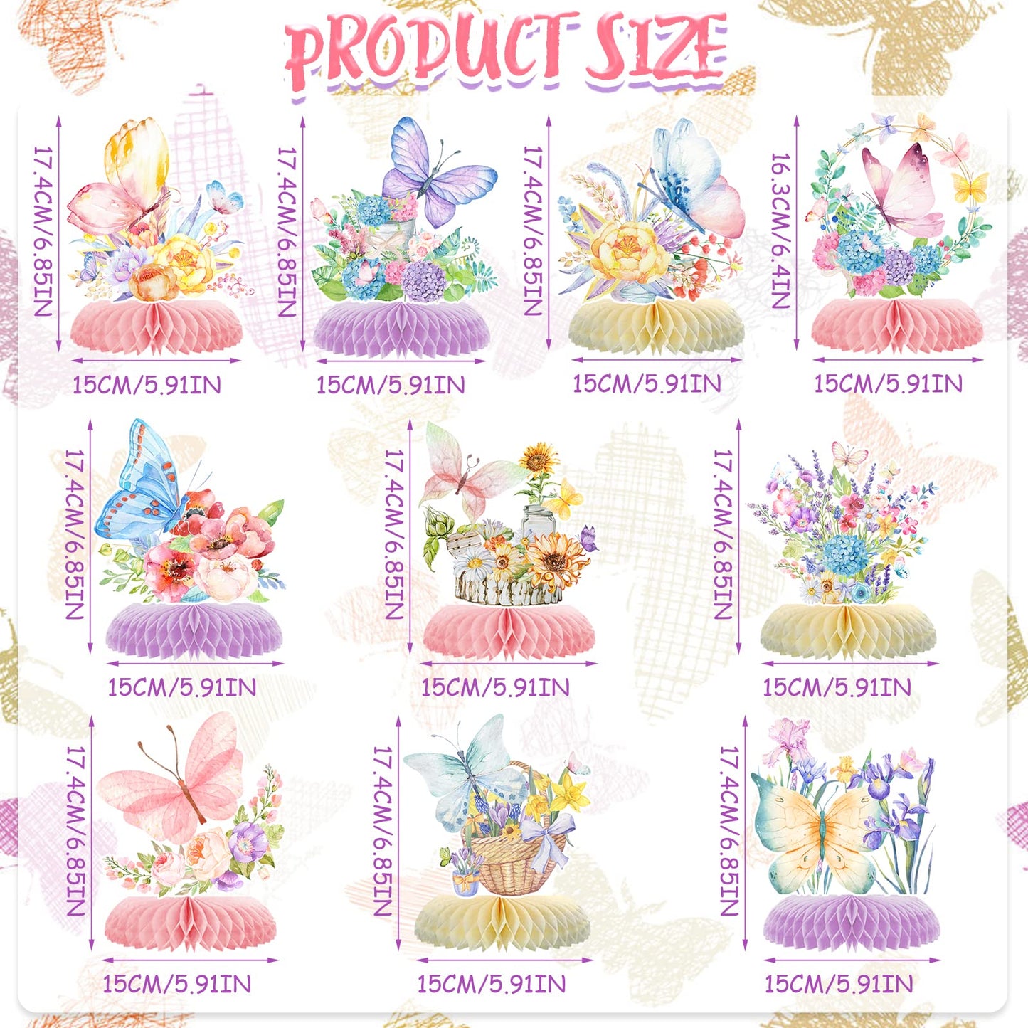 10Pcs Butterfly Party Decorations,Spring Pink Purple Butterfly Flowers Centerpieces 3D Table Honeycomb Toppers Butterfly Theme Birthday Party Decor For Girls Baby Shower Party Photo Prop Supplies