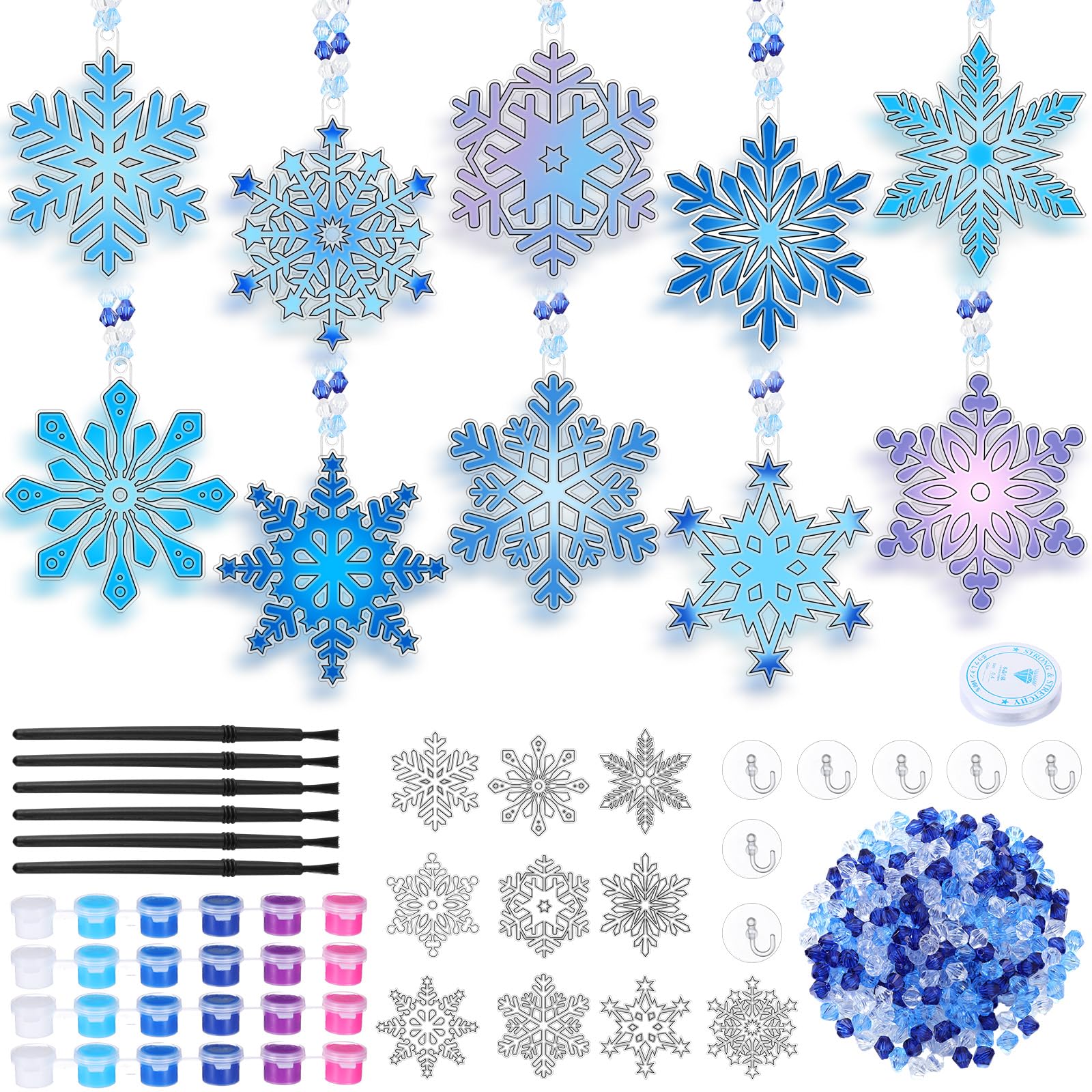 Beeveer 30 Sets Winter Snowflake Suncatchers Art Kits DIY Christmas Snowflake Suncatcher Crafts Paint Your Own Window Ornaments 