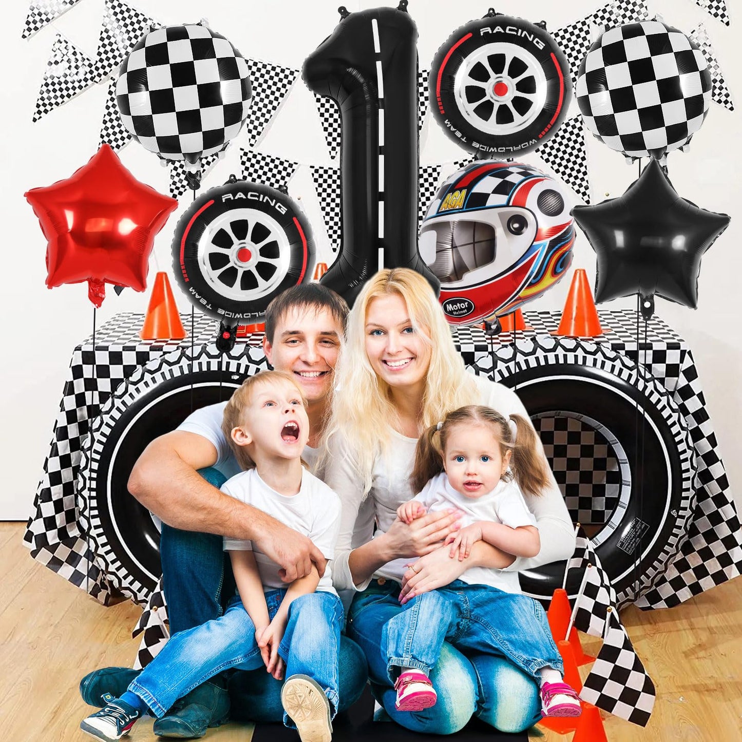 Race Car 1 Balloons, 40 Inch Racetrack Number 1 Balloon, Large Foil Mylar Racetrack Black 1 Balloon For 1St First Birthday Race