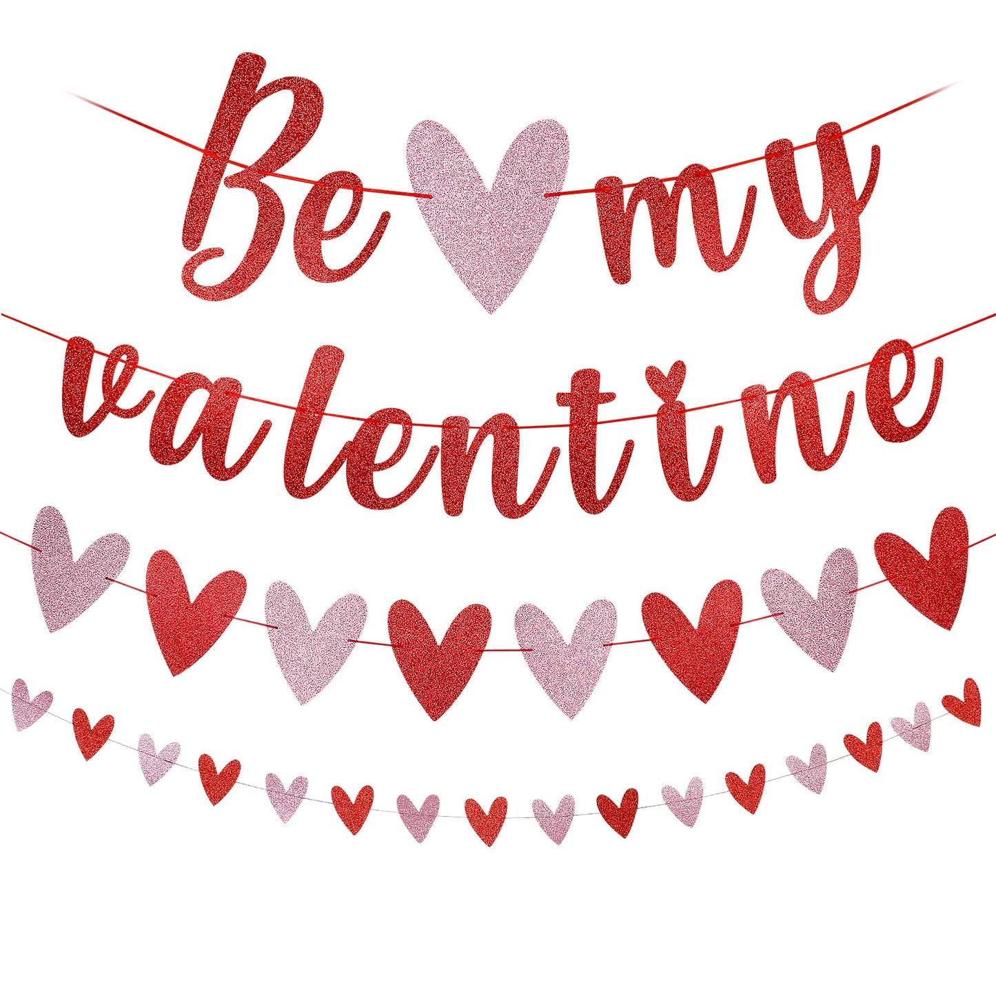 Red Glitter Be My Valentine Banner and Red Pink Valentines Day Heart Garland,Happy Valentines Day Banner for Valentines Day Par