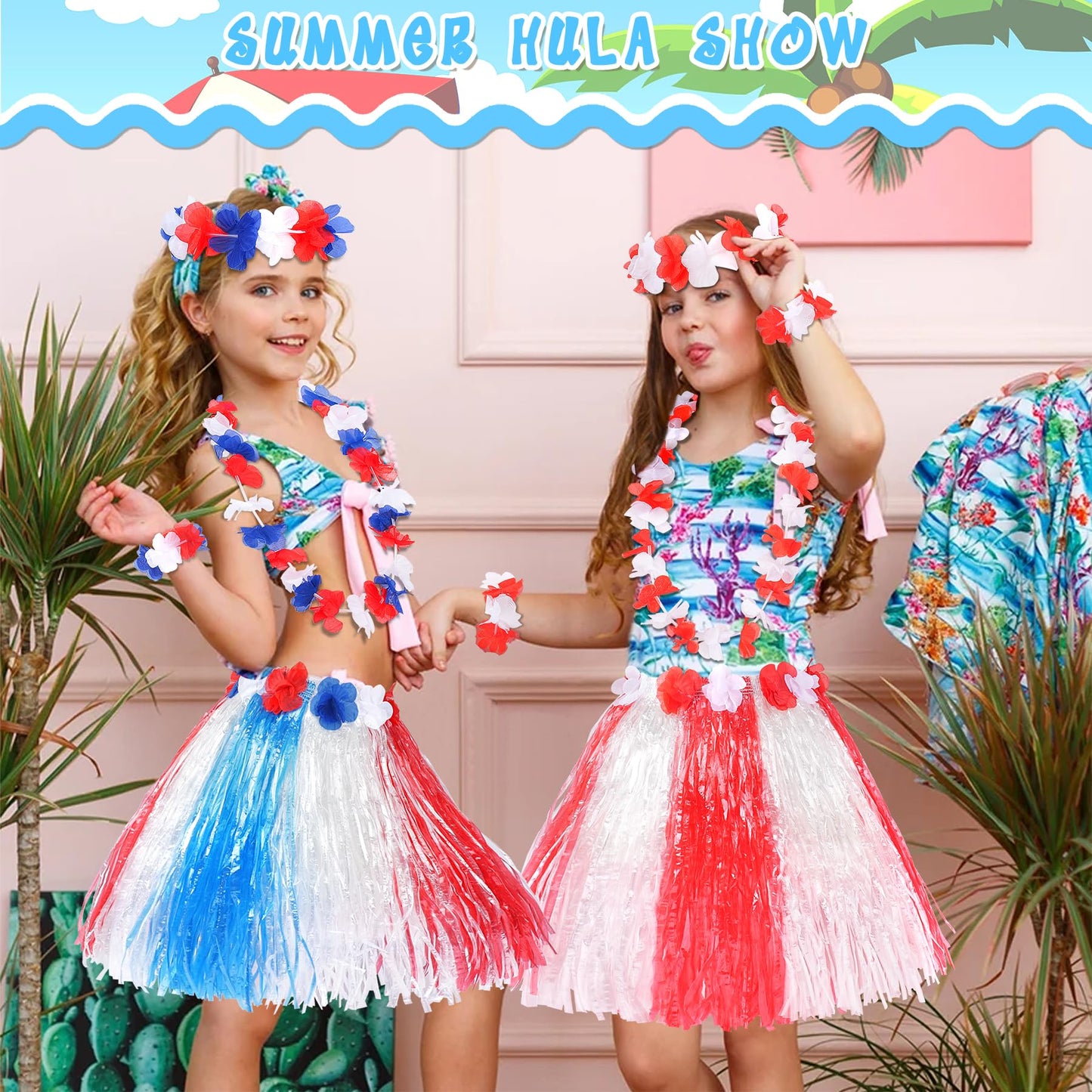 Fortuning'S Jds Hawaiian Hula Grass Skirt For Girls Elastic Flower Costume Kids Outfits For Luau Tropical Beach Party Decor