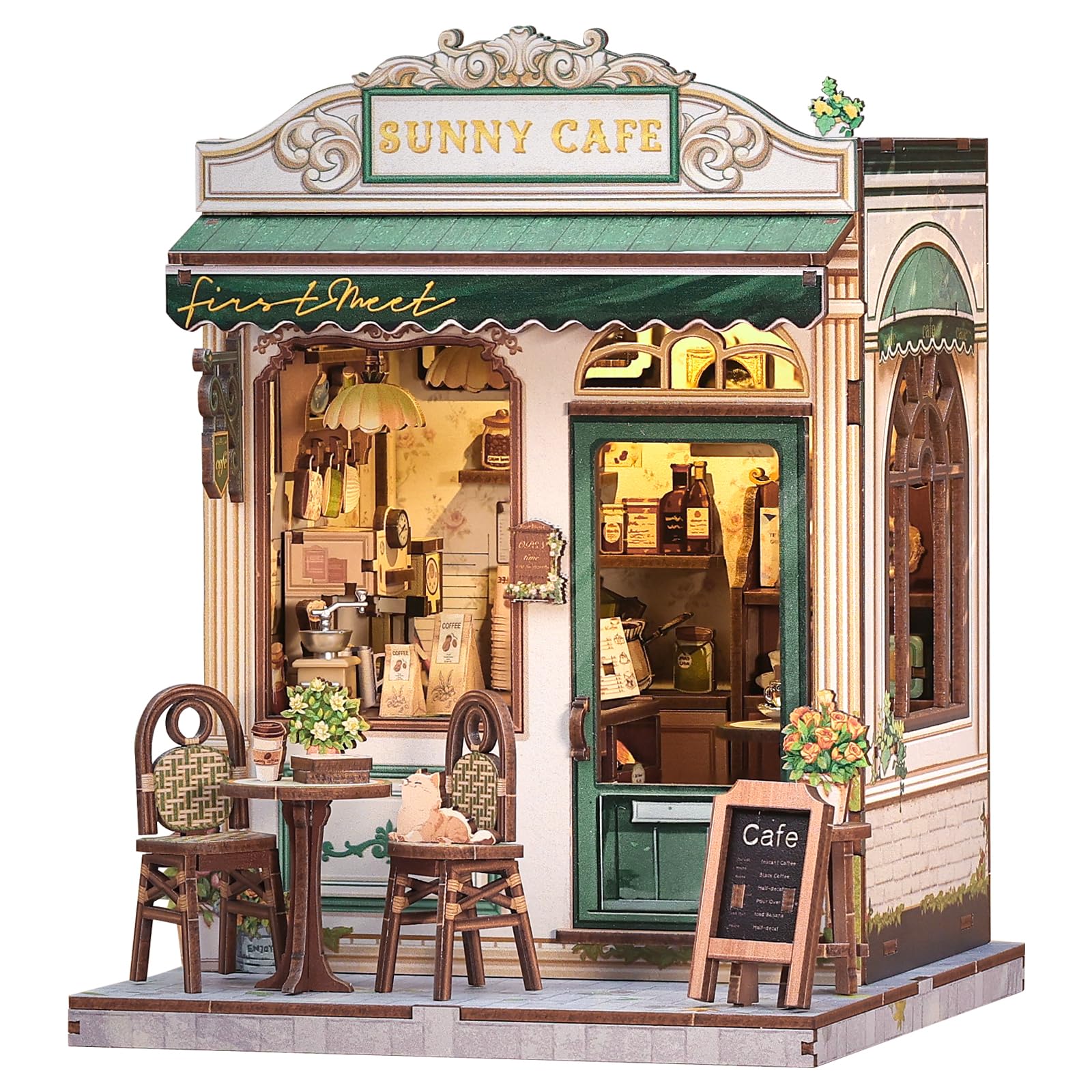 CUTEBEE Book Nook Kit - DIY Miniature House Dollhouse Kit for mature-themed and Teens  Booknook Bookshelf Decor Alley Model Build with LED Light  Gifts for Family and Friends (Sunny Cafe)
