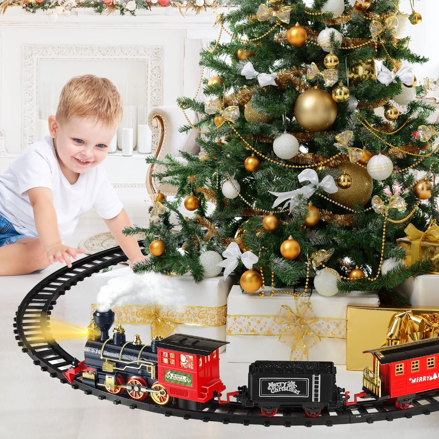 Shemira Christmas Train Set, Train Toys For Boys Girls,Toy Train With Light Smoke And Sound,Steam Train Set For Around Christmas