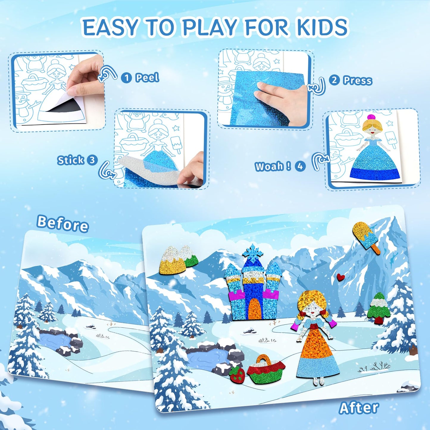 PERRYHOME Foil Arts & Crafts Kit - DIY Frozen Fun, Mess-Free Coloring, 12"x8"x0.8", Blue, Ideal for Kids Ages 4-9, Perfect Gift