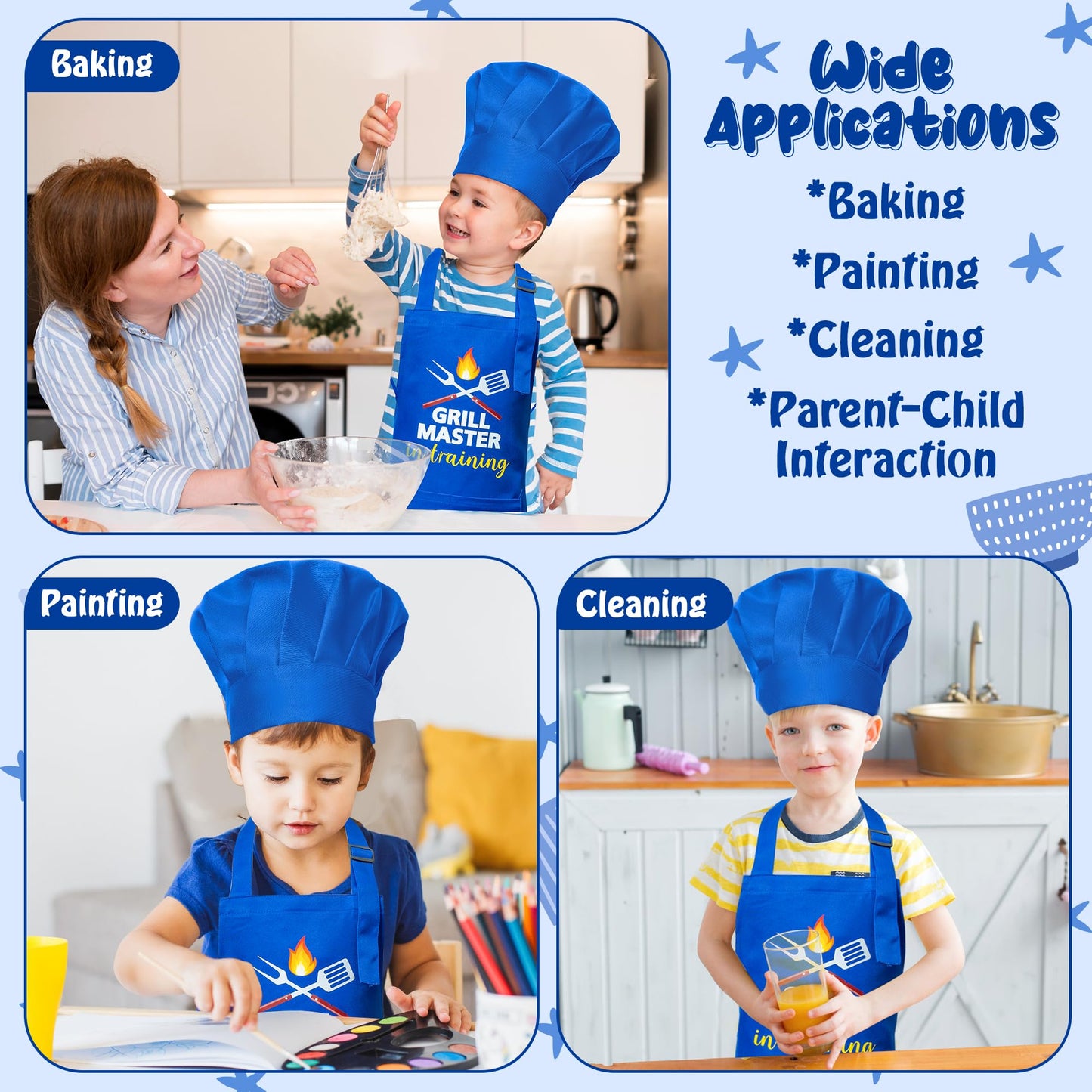 R HORSE Kid Apron and Chef Hat Set 2Pcs Adjustable Children Dark Blue Kitchen Apron, Dress up Role Play Chef Toy Cooking Baking