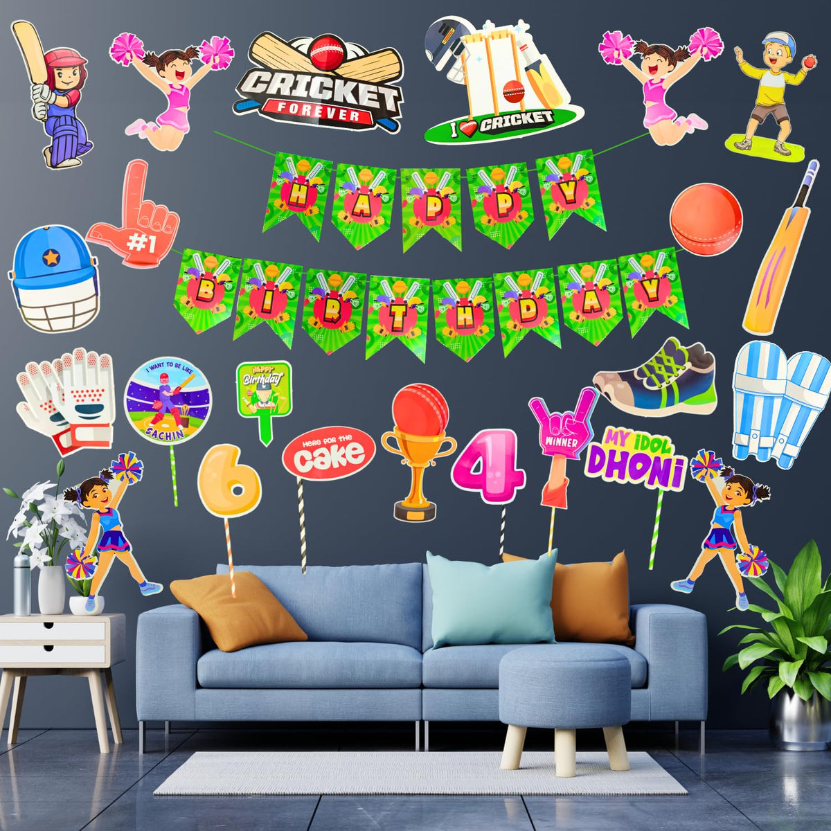 Party DecorZ Cricket Birthday Paper Decoration Set  24 Pcs, Happy Birthday Banner, Cricket Cutouts (16), Cake Topper, Party Pro
