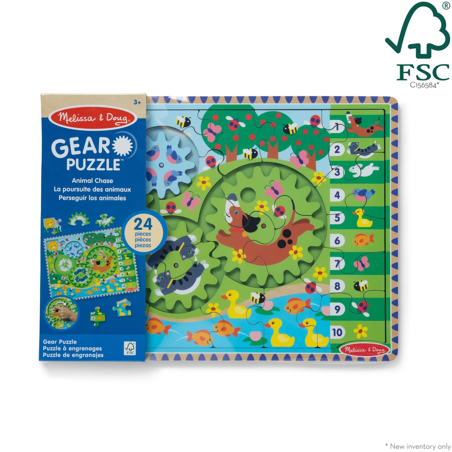 Melissa & Doug Wooden Animal Chase Jigsaw Spinning Gear Puzzle - 24 Pieces Wooden Puzzle for Toddlers and Preschoolers, for Boys