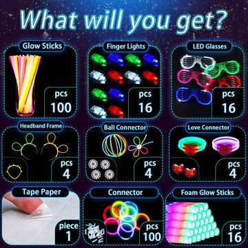 161 Pcs Glow In The Dark Party Supplies, Light Up Party Favors With 100 Glow Sticks, 16 Foam Glow Sticks, 16 Led Glasses, 16 Fin