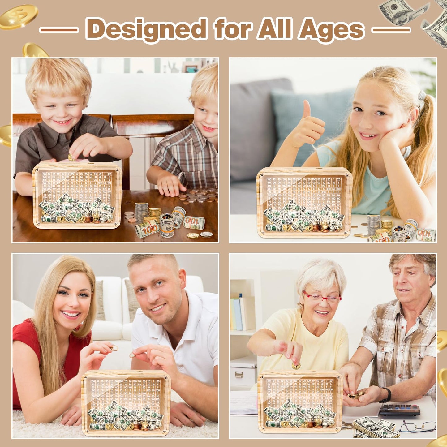 Homgaty Wooden Money Box Money Bank, Clear Countdown Money Saving Box With 10000 Dollars Target, Money Box With Money Target And Numbers To Check For Adults Kids Boys Girls