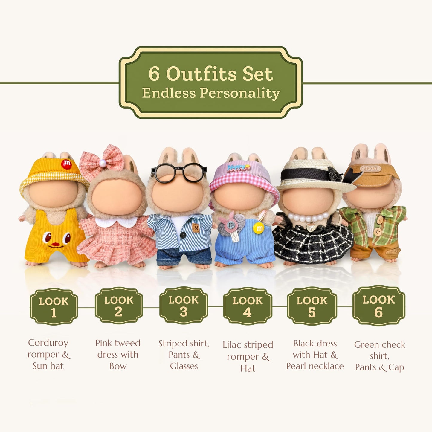 6 Clothes Sets for 17cm Collectible Dolls - Miniature Outfits with Accessories - Hat  Glasses & Necklace Details - Ages 15+ (No Doll)