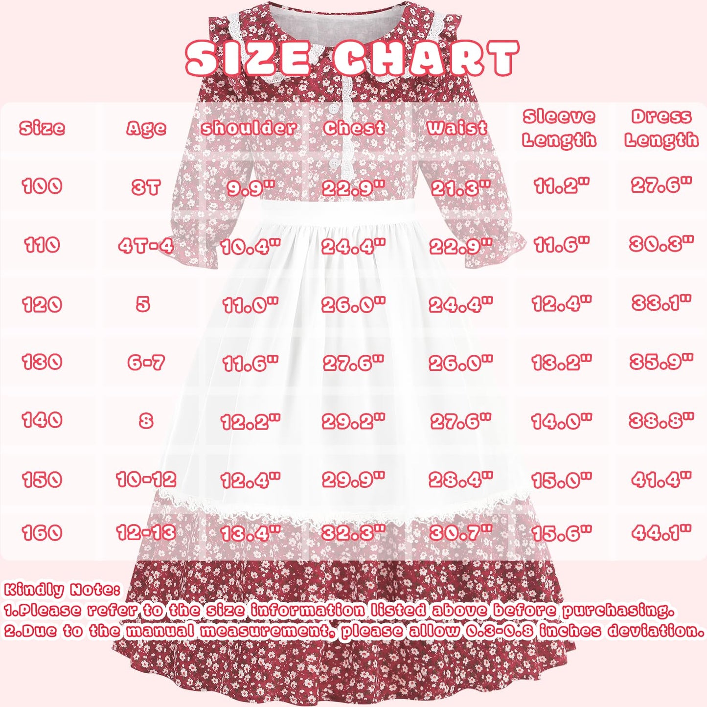 Aoiviss Girls Pioneer Costume Floral Colonial Prairie Dress for Little Kids with Apron and Bonnet, Dark Red