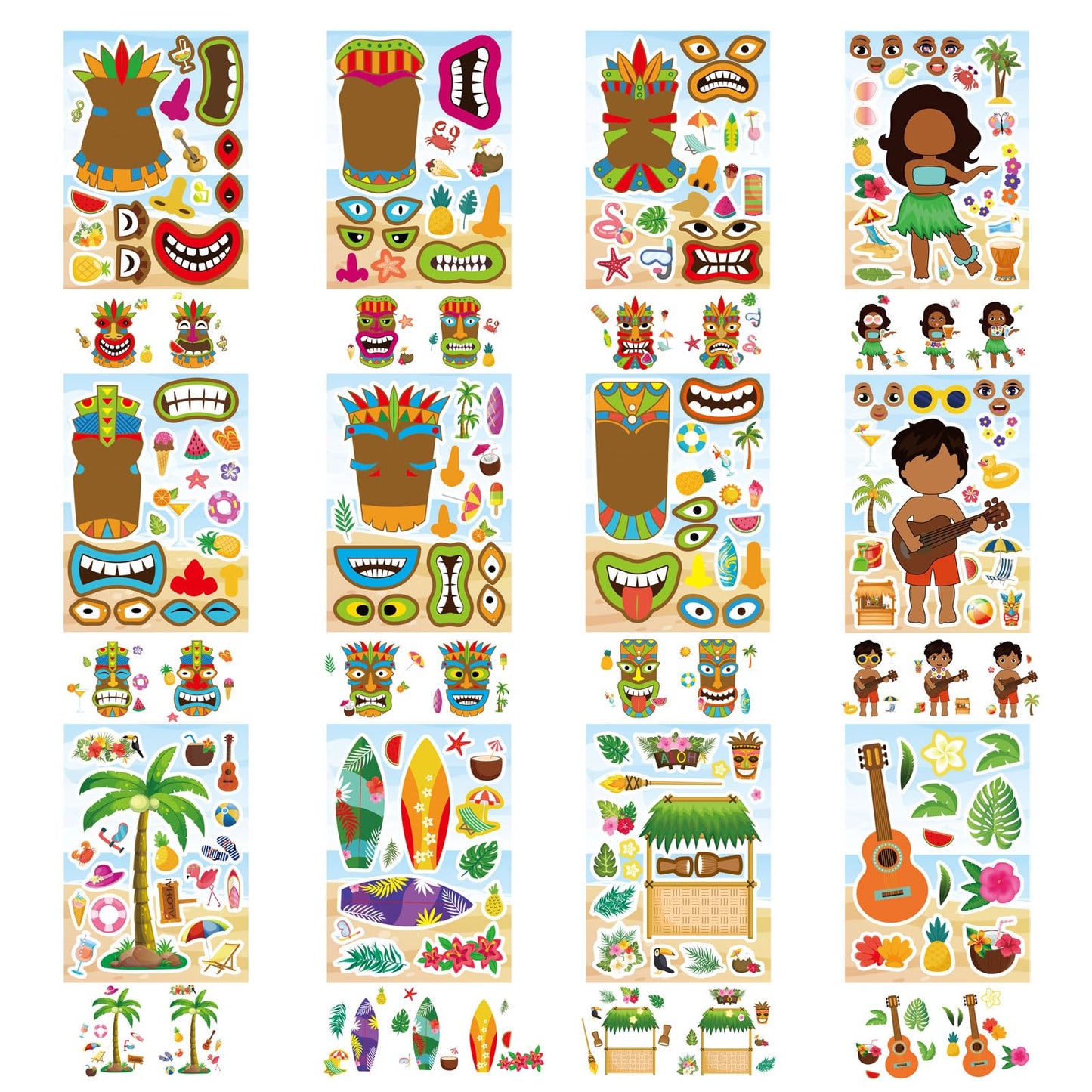 24 Sheets Summer Stickers, Hawaii Make A Face Sticker, Make Your Own Beach Tropical Cartoon Mix And Match Stickersaloha Tiki Tot