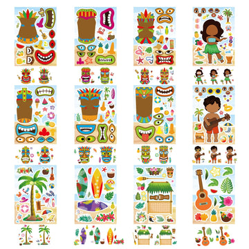 24 Sheets Summer Stickers, Hawaii Make A Face Sticker, Make Your Own Beach Tropical Cartoon Mix And Match Stickersaloha Tiki Tot