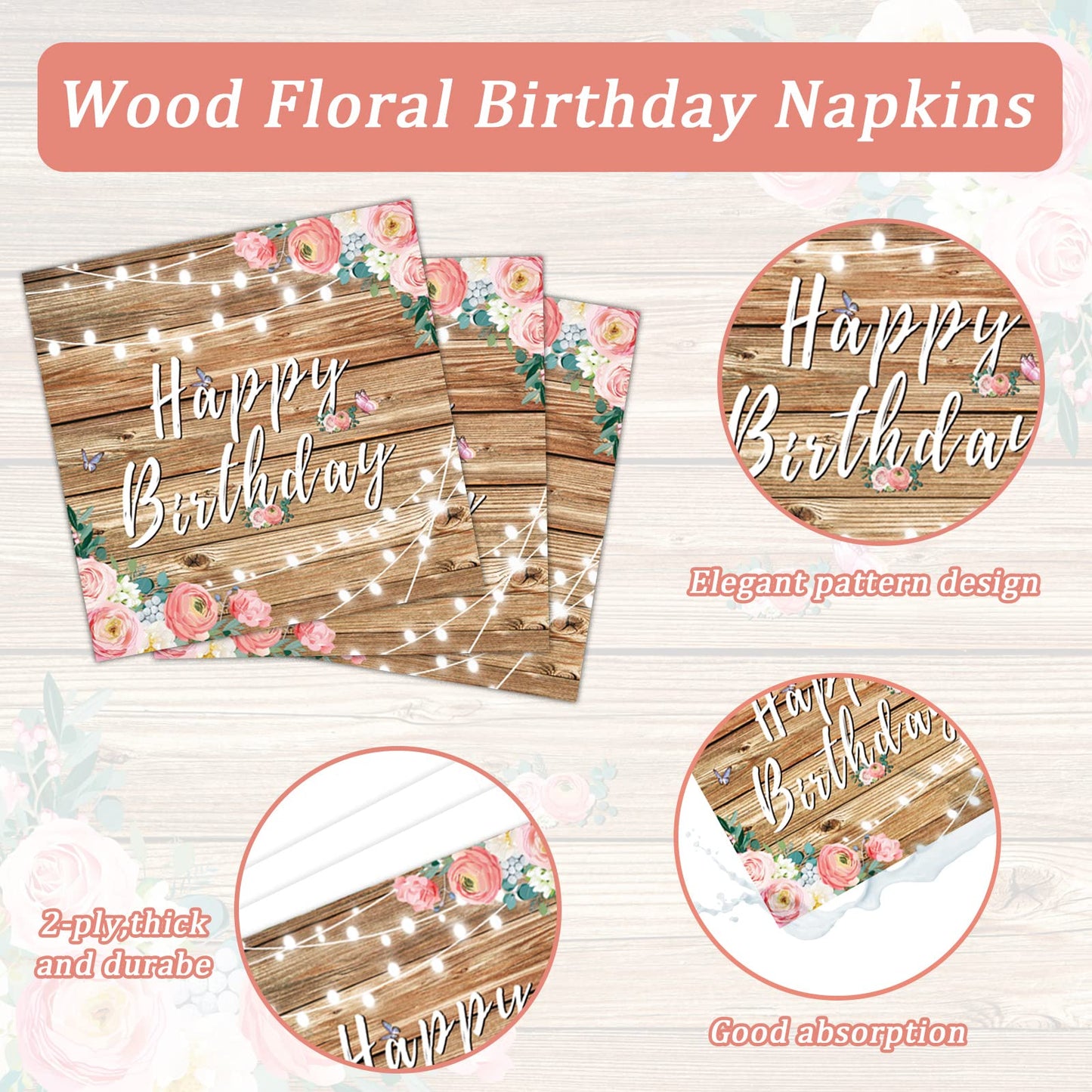 Tevxj 96PCS Spring Pink Floral Birthday Party Plates Wood Grain Flower Rustic Tableware Set for Girls Kids Bridal Shower Party S